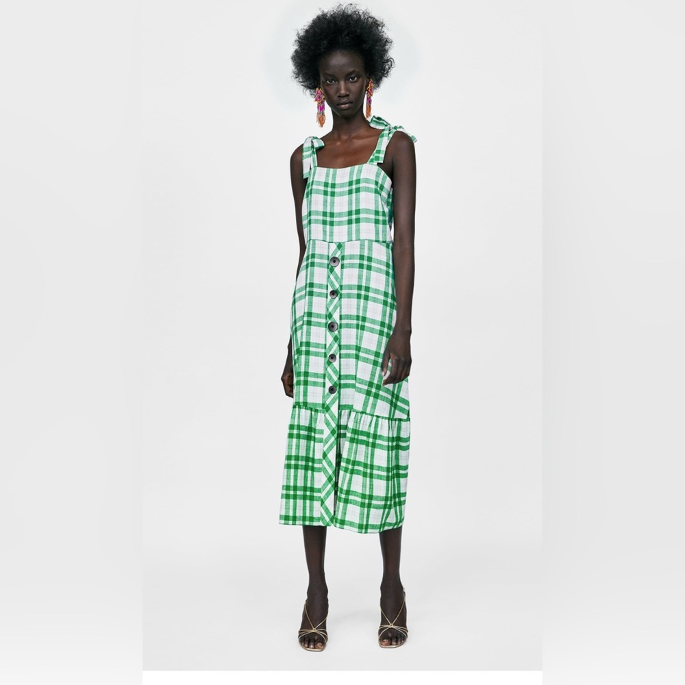 ZARA Green and White Plaid Midi Dress